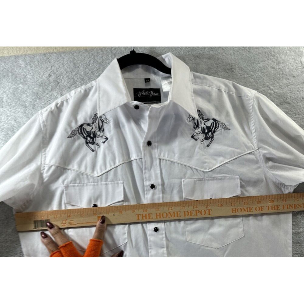 White Horse Men Medium Western Shirt Cowboy Cut‎ Horse Embroidery Rockabilly - Picture 9 of 13